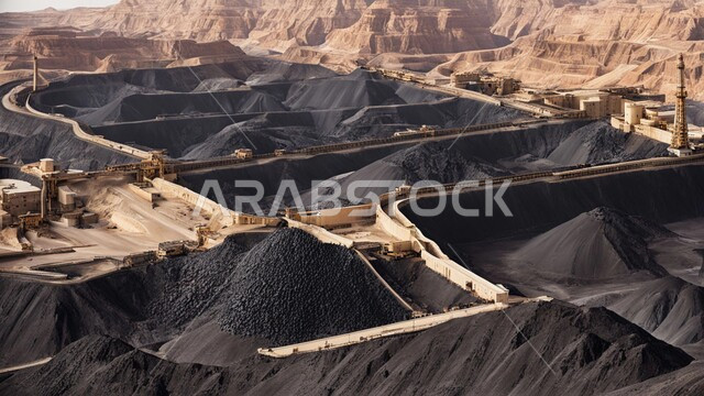 Huge quantities of national coal production, Arab natural coal mines, areas of exploration for underground resources, rocky nature and topography of mountain ranges, highlands and mountain peaks in the Kingdom of Saudi Arabia