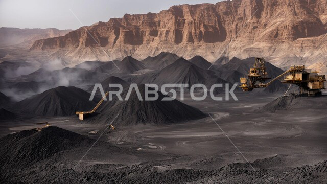 مناجم الفحم الطبيعي العربية، مناطق التنقيب عن الثروات الباطنية، الطبيعة الصخرية وتضاريس السلاسل الجبلية، المرتفعات وقمم الجبال في المملكة العربية السعودية، سيارة شحن كبيرة تقوم بالعمل في موقع التعدين