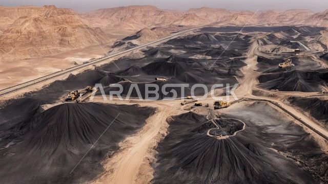 مناجم الفحم الطبيعي العربية، مناطق التنقيب عن الثروات الباطنية، الطبيعة الصخرية وتضاريس السلاسل الجبلية، المرتفعات وقمم الجبال في المملكة العربية السعودية، سيارة شحن كبيرة تقوم بالعمل في موقع التعدين