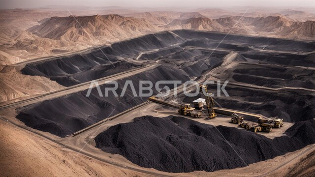 مناجم الفحم الطبيعي العربية، مناطق التنقيب عن الثروات الباطنية، الطبيعة الصخرية وتضاريس السلاسل الجبلية، المرتفعات وقمم الجبال في المملكة العربية السعودية، سيارة شحن كبيرة تقوم بالعمل في موقع التعدين