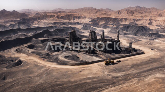 مناجم الفحم الطبيعي العربية، مناطق التنقيب عن الثروات الباطنية، الطبيعة الصخرية وتضاريس السلاسل الجبلية، المرتفعات وقمم الجبال في المملكة العربية السعودية، سيارة شحن كبيرة تقوم بالعمل في موقع التعدين