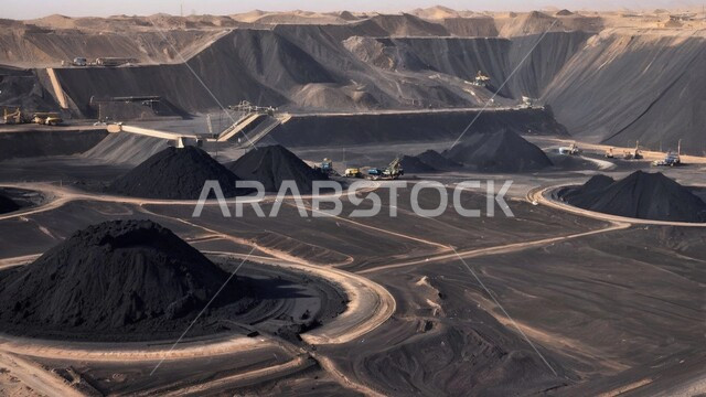 Huge quantities of national coal production, Arab natural coal mines, areas of exploration for underground resources, rocky nature and topography of mountain ranges, highlands and mountain peaks in the Kingdom of Saudi Arabia