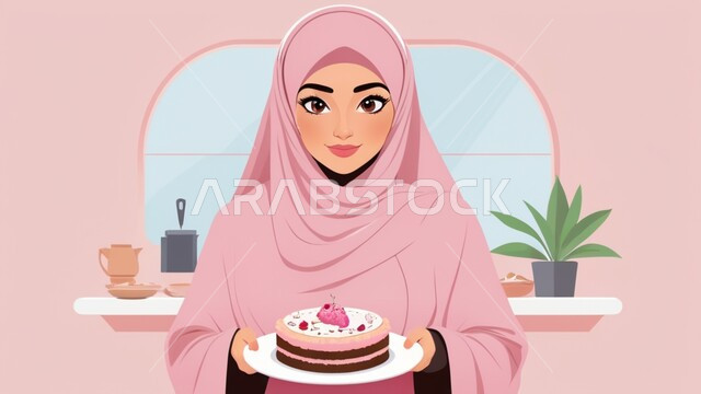 أعياد ومناسبات سعيدة، رسوم توضيحية لامرأة عربية خليجية سعودية محجبة تحمل بيدها كعكة عيد ميلاد، مفهوم اعداد و تزيين الحلوى، ايماءات السرور والسعادة، العمل في مجال صناعة الحلويات، خلفية وردية