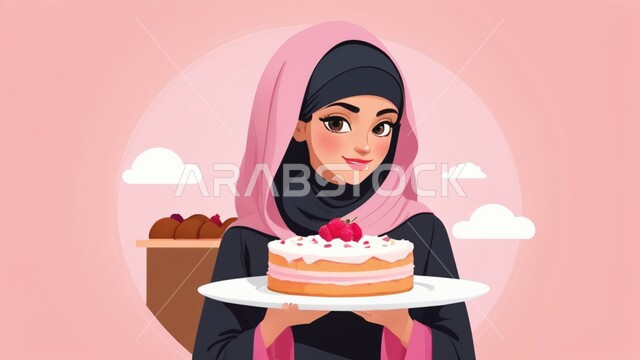 Concept of preparing and decorating sweets, gestures of pleasure and happiness, working in the confectionery industry, happy holidays and occasions, illustrations of a veiled Saudi Arabian Gulf woman holding a birthday cake, pink background