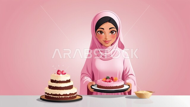 أعياد ومناسبات سعيدة، رسوم توضيحية لامرأة عربية خليجية سعودية محجبة تحمل بيدها كعكة عيد ميلاد، مفهوم اعداد و تزيين الحلوى، ايماءات السرور والسعادة، العمل في مجال صناعة الحلويات، خلفية وردية