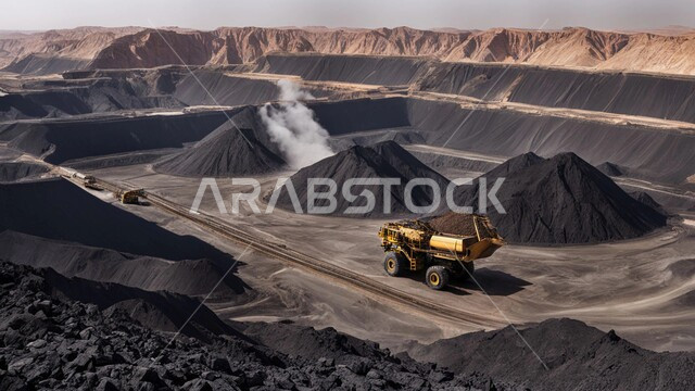 Arab natural coal mines, exploration areas for underground resources, rocky nature and terrain of mountain ranges, highlands and mountain peaks in the Kingdom of Saudi Arabia, a large cargo vehicle working at the mining site 