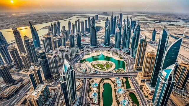 بناء مستقبل حضاري متطور في دبي، مفهوم تطوير وتحسين البنية التحتية، منظر تخيلي للتقدم والنمو العمراني في وقت النهار، التصاميم والفنون المعمارية الحديثة للأبراج وناطحات السحاب في الامارات العربية المتحدة،  المباني والمنشآت التجارية الشاهقة