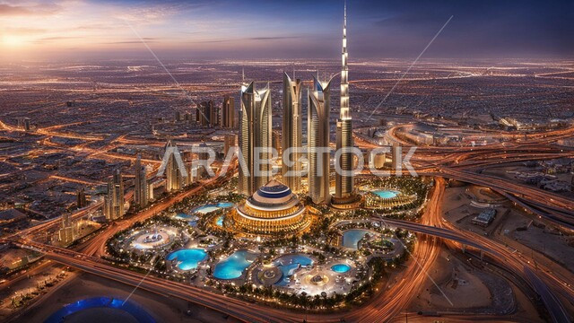 منظر تخيلي للمباني والمنشآت الحديثة، جذب واستقطاب السياح من انحاء العالم، النمو والتطور العمراني على ساحل الخليج العربي، الواجهة السياحية في المملكة العربية السعودية، الفن الهندسي المعماري للأبراج وناطحات السحاب