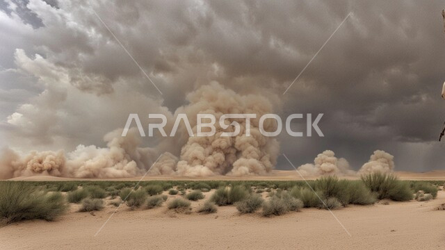 عواصف رملية قوية في الصحراء، الزوابع الغبارية المخيفة, رياح ترابية في المناطق الصحراوية, الكثبان والرمال الذهبية الناعمة، التشكيلات والتكوينات الرملية في المملكة العربية السعودية، منظر اختلاط الغبار مع غيوم السماء