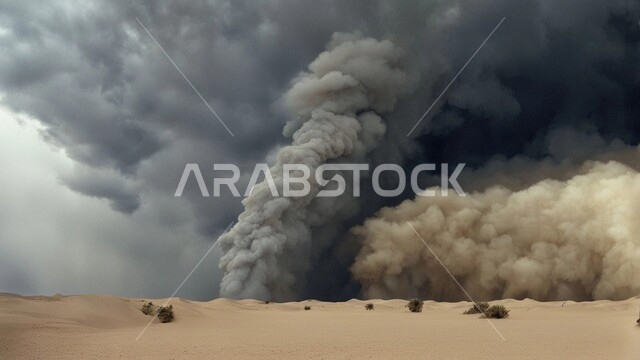 عواصف رملية قوية في الصحراء، الزوابع الغبارية المخيفة, رياح ترابية في المناطق الصحراوية, الكثبان والرمال الذهبية الناعمة، التشكيلات والتكوينات الرملية في المملكة العربية السعودية، منظر اختلاط الغبار مع غيوم السماء