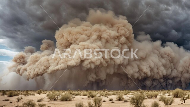 عواصف رملية قوية في الصحراء، الزوابع الغبارية المخيفة, رياح ترابية في المناطق الصحراوية, الكثبان والرمال الذهبية الناعمة، التشكيلات والتكوينات الرملية في المملكة العربية السعودية، منظر اختلاط الغبار مع غيوم السماء
