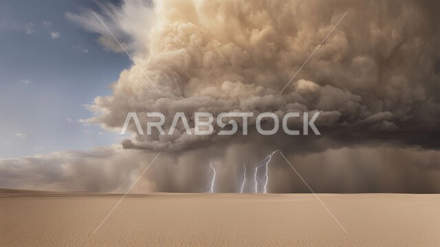 عواصف رملية قوية في الصحراء، الزوابع الغبارية المخيفة, رياح ترابية في المناطق الصحراوية, الكثبان والرمال الذهبية الناعمة، التشكيلات والتكوينات الرملية في المملكة العربية السعودية، منظر اختلاط الغبار مع غيوم السماء