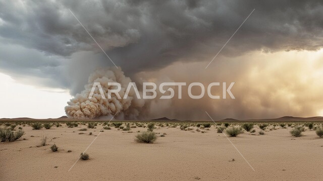 عواصف رملية قوية في الصحراء، الزوابع الغبارية المخيفة, رياح ترابية في المناطق الصحراوية, الكثبان والرمال الذهبية الناعمة، التشكيلات والتكوينات الرملية في المملكة العربية السعودية، منظر اختلاط الغبار مع غيوم السماء