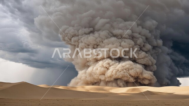 عواصف رملية قوية في الصحراء، الزوابع الغبارية المخيفة, رياح ترابية في المناطق الصحراوية, الكثبان والرمال الذهبية الناعمة، التشكيلات والتكوينات الرملية في المملكة العربية السعودية، منظر اختلاط الغبار مع غيوم السماء