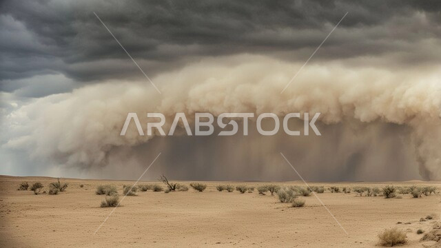 عواصف رملية قوية في الصحراء، الزوابع الغبارية المخيفة, رياح ترابية في المناطق الصحراوية, الكثبان والرمال الذهبية الناعمة، التشكيلات والتكوينات الرملية في المملكة العربية السعودية، منظر اختلاط الغبار مع غيوم السماء