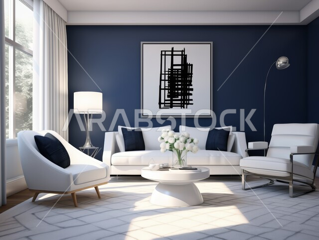 الديكورات الداخلية الراقية للفلل والشقق السكنية في المملكة العربية السعودية، اكسسوارات وتحف عصرية، التصاميم الأنيقة لغرف الجلوس المريحة على الطراز الحديث، غرفة معيشة مع أثاث منزلي فاخر باللونين الأبيض والأسود