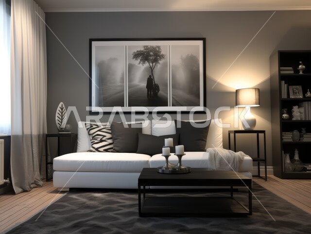 الديكورات الداخلية الراقية للفلل والشقق السكنية في المملكة العربية السعودية، اكسسوارات وتحف عصرية، التصاميم الأنيقة لغرف الجلوس المريحة على الطراز الحديث، غرفة معيشة مع أثاث منزلي فاخر باللونين الأبيض والأسود