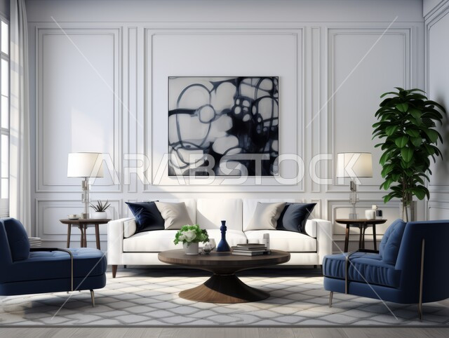 الديكورات الداخلية الراقية للفلل والشقق السكنية في المملكة العربية السعودية، اكسسوارات وتحف عصرية، التصاميم الأنيقة لغرف الجلوس المريحة على الطراز الحديث، غرفة معيشة مع أثاث منزلي فاخر باللونين الأبيض والأسود