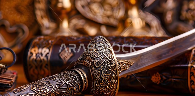 أصالة العادات والتقاليد في المملكة العربية السعودية، قطع أنتيكة من الطراز الشعبي، التحف والانتيكات التراثية القديمة الشعبية، صورة مقربة لخنجر مزخرف بزخارف فنية معقدة، صناعات يدويه وحرف مميزة للأسلحة القديمة