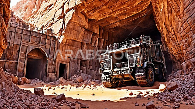 أماكن المناجم في المملكة العربية السعودية سيارة شحن كبيرة تقوم بالعمل في موقع التعدين، مناطق التنقيب عن الثروات الباطنية، الطبيعة الصخرية وتضاريس السلاسل الجبلية، التخلص من الأتربة والصخور ونقلها بعيدا