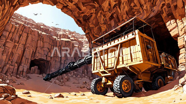 أماكن المناجم في المملكة العربية السعودية سيارة شحن كبيرة تقوم بالعمل في موقع التعدين، مناطق التنقيب عن الثروات الباطنية، الطبيعة الصخرية وتضاريس السلاسل الجبلية، التخلص من الأتربة والصخور ونقلها بعيدا