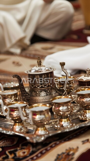 مفهوم الضيافة العربية الأصيلة, تقديم المشروبات الساخنة للزوار, حسن استقبال الضيف وإكرامه, دلة قهوة عربية مع عدة فناجين مزخرفين, البن العربي الخليجي الفاخر, ضيافات الأعياد والمناسبات الإسلامية في المملكة العربية السعودية، منتجات محلية وطنية