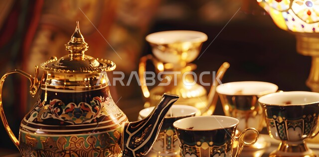 حسن استقبال الضيف وإكرامه, دلة قهوة عربية مع عدة فناجين مزخرفين, البن العربي الخليجي الفاخر, ضيافات الأعياد والمناسبات الإسلامية في المملكة العربية السعودية، منتجات محلية وطنية، مفهوم الضيافة العربية الأصيلة، تقديم المشروبات الساخنة للزوار