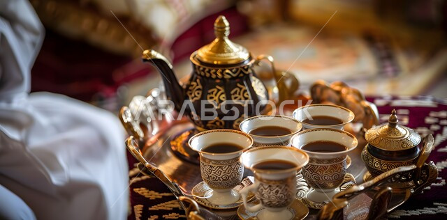 تقديم المشروبات الساخنة للزوار, حسن استقبال الضيف وإكرامه, دلة قهوة عربية مع عدة فناجين مزخرفين, البن العربي الخليجي الفاخر, ضيافات الأعياد والمناسبات الإسلامية في المملكة العربية السعودية، منتجات محلية وطنية، مفهوم الضيافة العربية الأصيلة