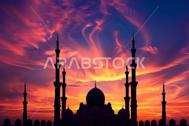 الفن الهندسي المعماري للمآذن والقبب على الطراز الإسلامي، منظر السماء المليئة بالغيوم، دعوة المسلمين إلى الصلاه والعباده والتقرب إلى الله, صورة ظليه لمسجد في وقت الغروب، المعالم الدينيه الإسلاميه في المملكه العربيه السعوديه