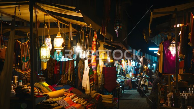  المنسوجات مع نقوش و زخارف مميزة, التطريز الفاخر على الاقمشه الملونه في الأسواق الشعبية في المملكة العربية السعوديه، الفن التراثي الحرفي التقليدي، منتجات محليه وطنيه متميزه، مفهوم التجارة و تبادل الثقافات بين الدول، فوانيس عربية مزخرفة وملونة معلقة في السوق