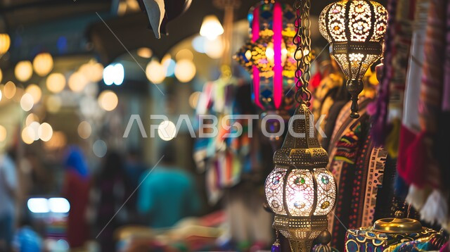 إضاءة وزينة رمضان، صورة مقربة لحرفة صناعة المصابيح المعدنية، الاحتفال بقدوم شهر الخير، الفن التراثي التقليدي في الاسواق الشعبية، منتجات محليه وطنيه متميزه، مفهوم التجارة و تبادل الثقافات بين الدول في المملكة العربية السعوديه، فوانيس عربية مزخرفة وملونة معلقة