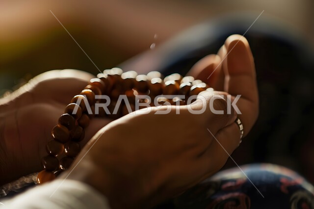 الإكثار من ذكر الله تعالى والإستغفار والدعاء, تصوير مقرب لأيدي رجل عربي سعودي خليجي يرتدي الثوب الأبيض يرفع يديه يمسك السبحه, مفهوم الإجتهاد في العباده و التقرب الى الله في شهر رمضان المبارك, يوم الجمعه المباركه