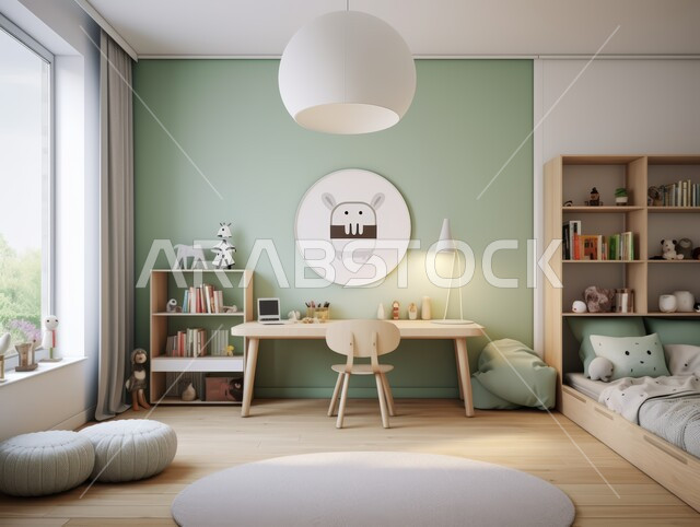 غرفة نوم أطفال بتصاميم حديثة باللون الأخضر والأبيض ،الديكور الداخلي للفلل والشقق السكنية في المملكة العربية السعودية ،غرف بأثاث أنيق  وألوان هادئة ،الديكورات والتصاميم العصرية على الطراز الحديث ،كرسي مريح وطاولة للدراسة ،واجهة ونافذة زجاجية مطلة على الطبيعة 