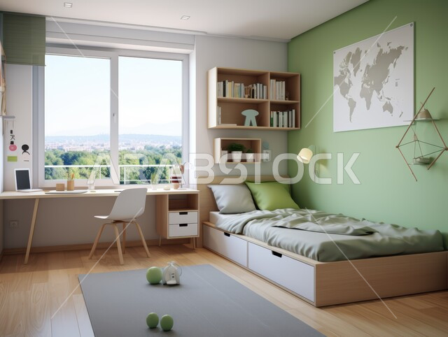 غرفة نوم أطفال بتصاميم حديثة باللون الأخضر والأبيض ،الديكور الداخلي للفلل والشقق السكنية في المملكة العربية السعودية ،غرف بأثاث أنيق  وألوان هادئة ،الديكورات والتصاميم العصرية على الطراز الحديث ،كرسي مريح وطاولة للدراسة ،واجهة ونافذة زجاجية مطلة على الطبيعة 