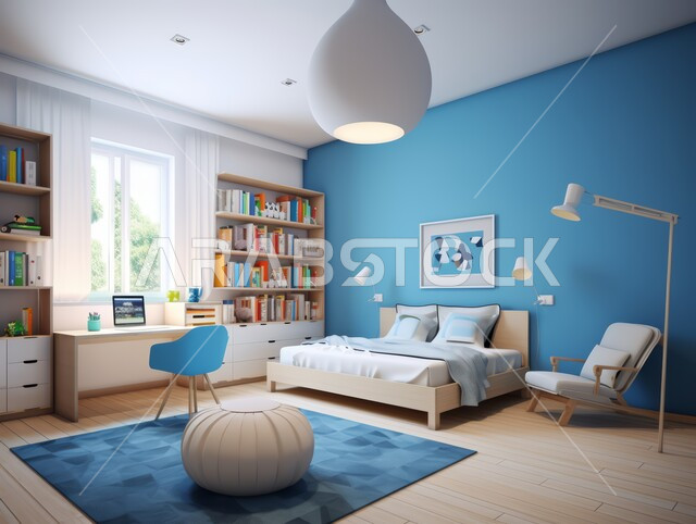 الديكورات الراقية للفلل والشقق السكنية في المملكة العربية السعودية ،التصاميم الداخلية لغرف النوم على الطراز الحديث ،غرفة نوم أطفال حديثة باللونين الأزرق والأبيض ،اكسسوارات وتحف عصرية ،كرسي وطاولة للدراسة ،أثاث أنيق ومريح ،النوافذ والواجهات الزجاجية المطلة على الطبيعة