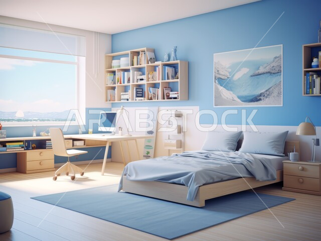 الديكورات الراقية للفلل والشقق السكنية في المملكة العربية السعودية ،التصاميم الداخلية لغرف النوم على الطراز الحديث ،غرفة نوم أطفال حديثة باللونين الأزرق والأبيض ،اكسسوارات وتحف عصرية ،كرسي وطاولة للدراسة ،أثاث أنيق ومريح ،النوافذ والواجهات الزجاجية المطلة على الطبيعة