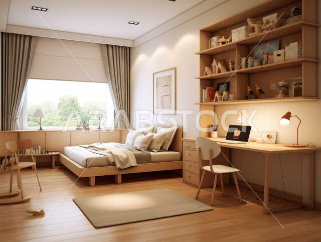 الديكورات الراقية للفلل والشقق السكنية في المملكة العربية السعودية ،التصاميم الداخلية لغرف النوم على الطراز الحديث ،غرفة نوم أطفال حديثة باللون البيج ،اكسسوارات وتحف عصرية ،كرسي وطاولة للدراسة ،أثاث أنيق ومريح ،النوافذ والواجهات الزجاجية المطلة على الطبيعة