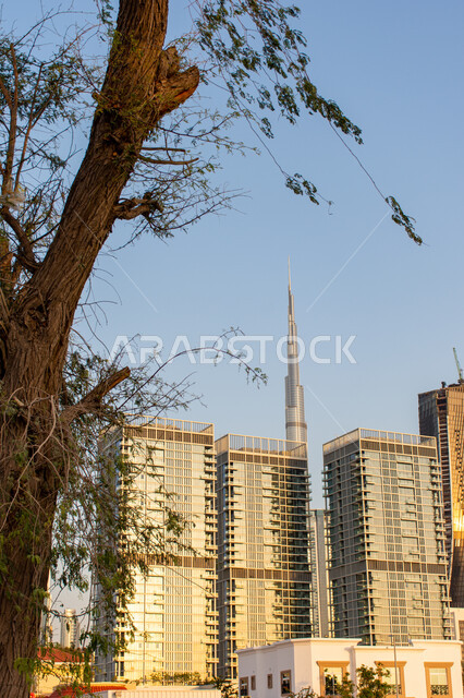 The architectural engineering art of the towers, attracting and attracting tourists from all over the world, urban growth and development on the coast of the Arabian Gulf, the tourist destination in the United Arab Emirates, Burj Khalifa among the skyscrapers in the heart of Dubai.