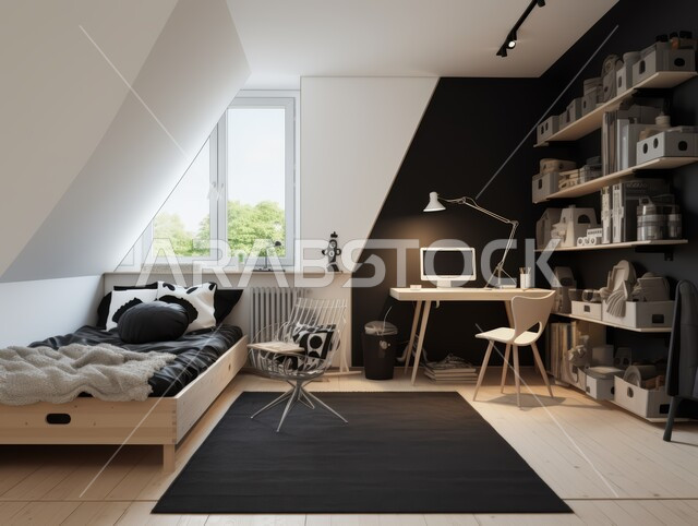 التصاميم الداخلية لغرف النوم على الطراز الحديث ،الديكورات الراقية للفلل والشقق السكنية في المملكة العربية السعودية ،غرفة نوم أطفال حديثة باللون الأبيض والأسود ،اكسسوارات وتحف عصرية ،كرسي وطاولة للدراسة ،أثاث أنيق ومريح 