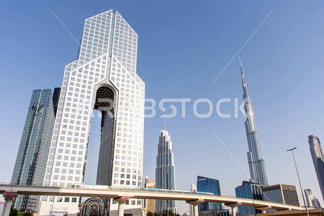 The architectural engineering art of towers and skyscrapers, Burj Khalifa in Dubai, attracting and attracting tourists from all over the world, urban growth and development on the Arabian Gulf coast, the tourist destination in the United Arab Emirates