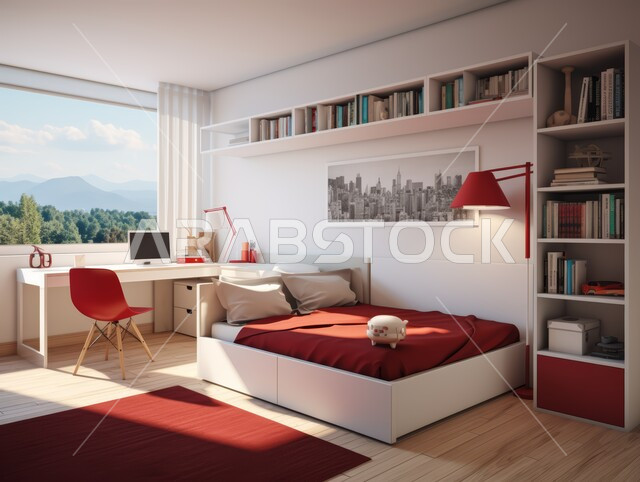 التصاميم الداخلية لغرف النوم على الطراز الحديث ،الديكورات الراقية للفلل والشقق السكنية في المملكة العربية السعودية ،غرفة نوم أبناء حديثة باللون الأبيض والأحمر ،اكسسوارات وتحف عصرية ،كرسي وطاولة للدراسة ،أثاث أنيق ومريح 