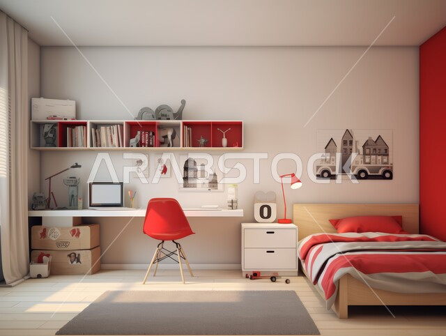 التصاميم الداخلية لغرف النوم على الطراز الحديث ،الديكورات الراقية للفلل والشقق السكنية في المملكة العربية السعودية ،غرفة نوم أبناء حديثة باللون الأبيض والأحمر ،اكسسوارات وتحف عصرية ،كرسي وطاولة للدراسة ،أثاث أنيق ومريح 