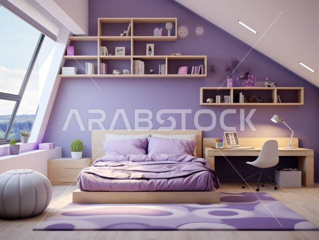 تصاميم وديكورات داخلية أنيقة لغرفة نوم مريحة باللونين البنفسجي والأبيض، مفهوم الراحة والأسترخاء، إكسسوارات وتحف وأثاث منزلي راقي، غرف ذات تصميم عصري وفخم، فلل وشقق سكنية في المملكة العربية السعودية، سرير مريح بألوان هادئة