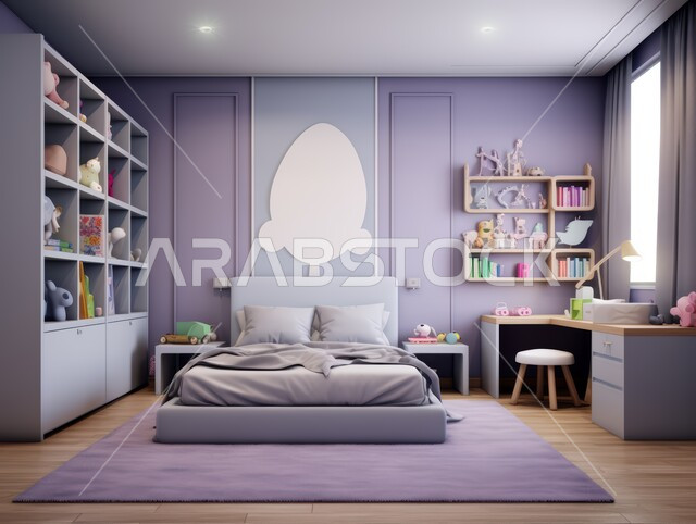 تصاميم وديكورات داخلية أنيقة لغرفة نوم مريحة باللونين البنفسجي والأبيض، مفهوم الراحة والأسترخاء، إكسسوارات وتحف وأثاث منزلي راقي، غرف ذات تصميم عصري وفخم، فلل وشقق سكنية في المملكة العربية السعودية، سرير مريح بألوان هادئة