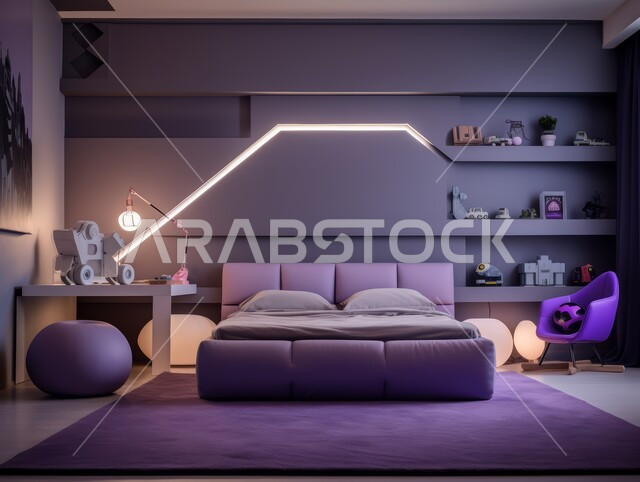 Elegant interior designs and decorations for a comfortable bedroom in purple and white, the concept of comfort and relaxation, accessories, antiques and high-end home furniture, rooms with a modern and luxurious design, villas and residential apartments in the Kingdom of Saudi Arabia, a comfortable bed in calm colors
