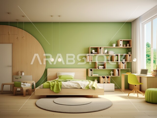 مفهوم الراحة والأسترخاء ،إكسسوارات وتحف وأثاث منزلي راقي، غرف ذات تصميم عصري وفخم، تصاميم وديكورات داخلية أنيقة لغرفة نوم مريحة باللون الأخضر والأبيض،  فلل وشقق سكنية في المملكة العربية السعودية، سرير مريح بألوان هادئة