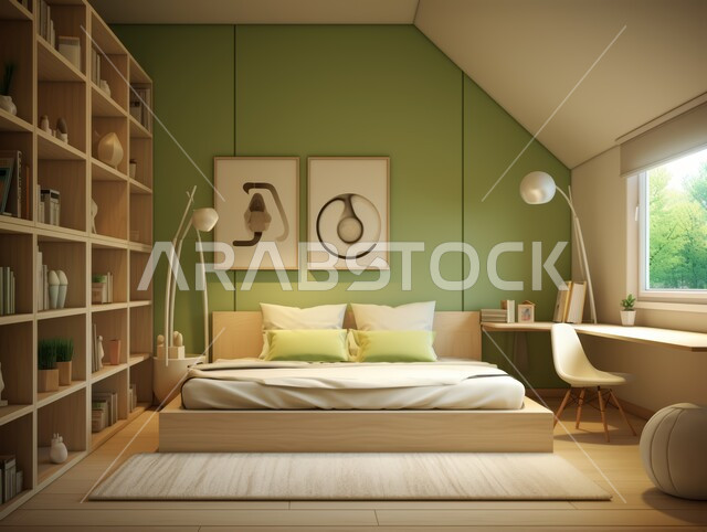 مفهوم الراحة والأسترخاء ،إكسسوارات وتحف وأثاث منزلي راقي، غرف ذات تصميم عصري وفخم، تصاميم وديكورات داخلية أنيقة لغرفة نوم مريحة باللون الأخضر والأبيض،  فلل وشقق سكنية في المملكة العربية السعودية، سرير مريح بألوان هادئة