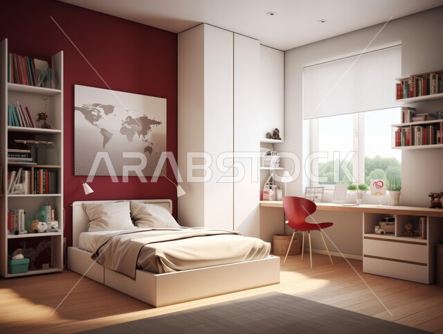  غرف ذات تصميم عصري وفخم، تصاميم وديكورات داخلية أنيقة لغرفة نوم مريحة باللون الأبيض والأحمر، مفهوم الراحة والأسترخاء ،إكسسوارات وتحف وأثاث منزلي راقي،  فلل وشقق سكنية في المملكة العربية السعودية، سرير مريح بألوان هادئة