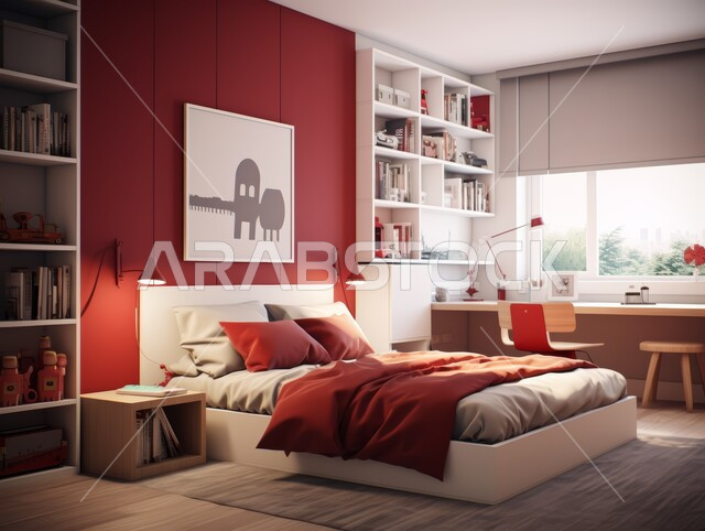  غرف ذات تصميم عصري وفخم، تصاميم وديكورات داخلية أنيقة لغرفة نوم مريحة باللون الأبيض والأحمر، مفهوم الراحة والأسترخاء ،إكسسوارات وتحف وأثاث منزلي راقي،  فلل وشقق سكنية في المملكة العربية السعودية، سرير مريح بألوان هادئة