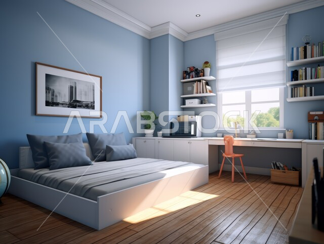  غرف ذات تصميم عصري وفخم، تصاميم وديكورات داخلية أنيقة لغرفة نوم مريحة باللون الأبيض والأزرق، مفهوم الراحة والأسترخاء، إكسسوارات وتحف وأثاث منزلي راقي،  فلل وشقق سكنية في المملكة العربية السعودية، سرير مريح بألوان هادئة